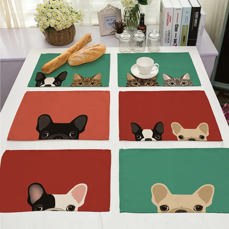 Cute Dog Cat Print Cotton Flax Placemat Table Decoration for Home Kitchen
