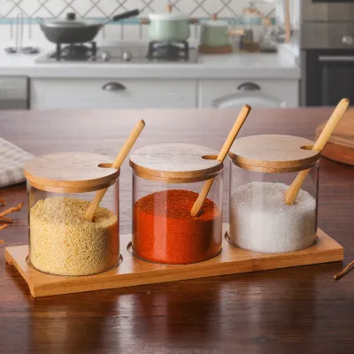 Kitchen Transparent Glass Condiment Bottle Set With Spoon