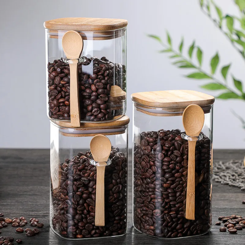 Square Transparent Glass Coffee Storage Jar With Spoon Modern Minimalist