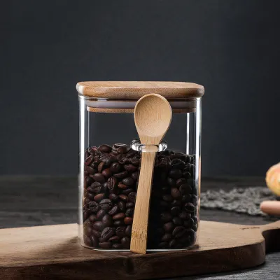 Square Transparent Glass Coffee Storage Jar With Spoon Modern Minimalist