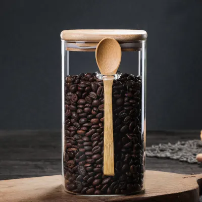 Square Transparent Glass Coffee Storage Jar With Spoon Modern Minimalist