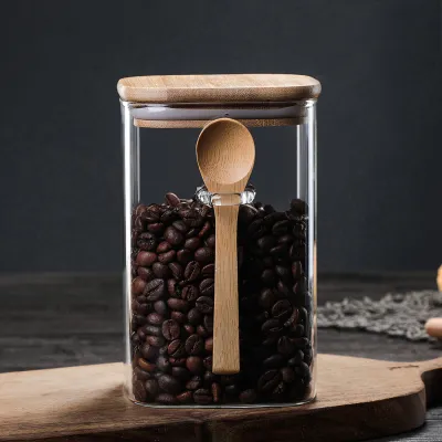 Square Transparent Glass Coffee Storage Jar With Spoon Modern Minimalist