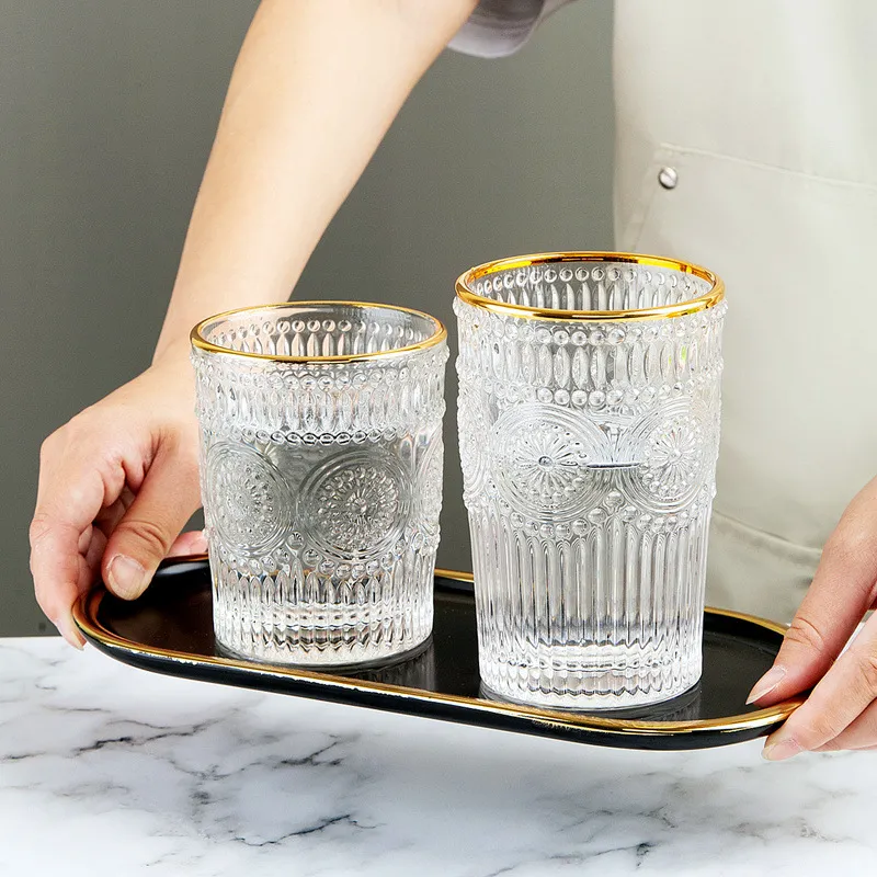 Retro Sun Flower Embossed Heat-resistant Glass Cup for Household