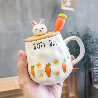 Cute Carrot Pattern Bone China Mug with Lid and Spoon Set, Office Cartoon Microwave Safe