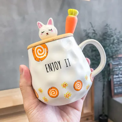 Cute Carrot Pattern Bone China Mug with Lid and Spoon Set, Office Cartoon Microwave Safe