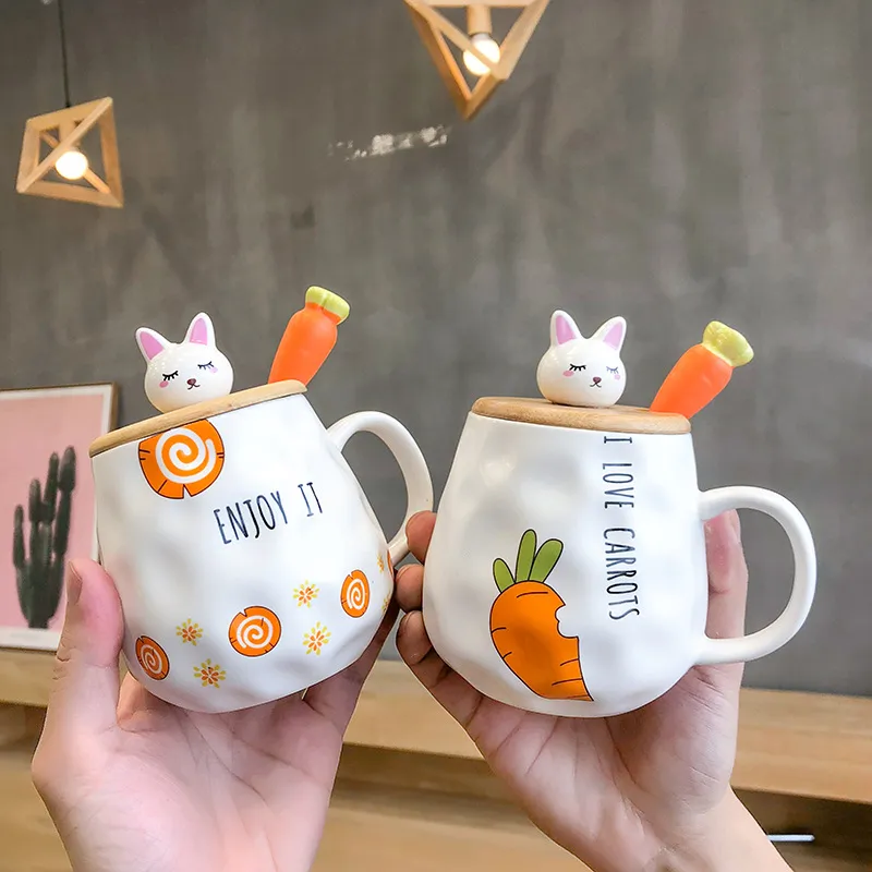 Cute Carrot Pattern Bone China Mug with Lid and Spoon Set, Office Cartoon Microwave Safe