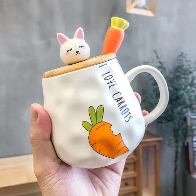 Cute Carrot Pattern Bone China Mug with Lid and Spoon Set, Office Cartoon Microwave Safe