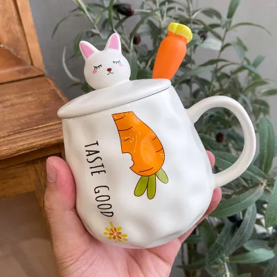 Cute Carrot Pattern Bone China Mug with Lid and Spoon Set, Office Cartoon Microwave Safe