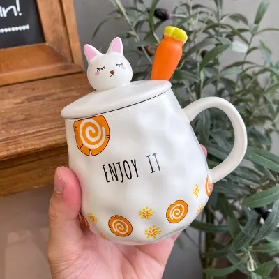 Cute Carrot Pattern Bone China Mug with Lid and Spoon Set, Office Cartoon Microwave Safe