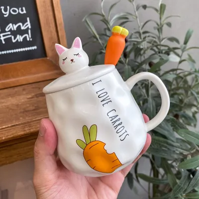 Cute Carrot Pattern Bone China Mug with Lid and Spoon Set, Office Cartoon Microwave Safe