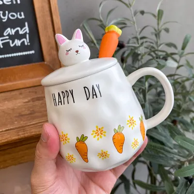 Cute Carrot Pattern Bone China Mug with Lid and Spoon Set, Office Cartoon Microwave Safe