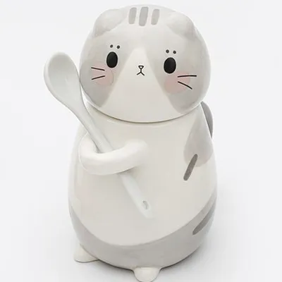 Creative Cat Design Ceramics Coffee Mug With Lid And Spoon Set For Home Kitchen