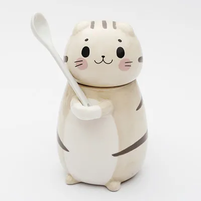 Creative Cat Design Ceramics Coffee Mug With Lid And Spoon Set For Home Kitchen