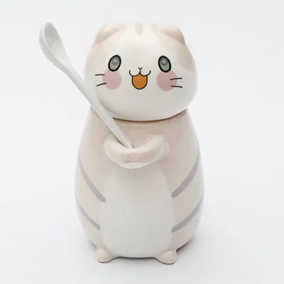 Creative Cat Design Ceramics Coffee Mug With Lid And Spoon Set For Home Kitchen