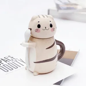 Creative Cat Design Ceramics Coffee Mug With Lid And Spoon Set For Home Kitchen