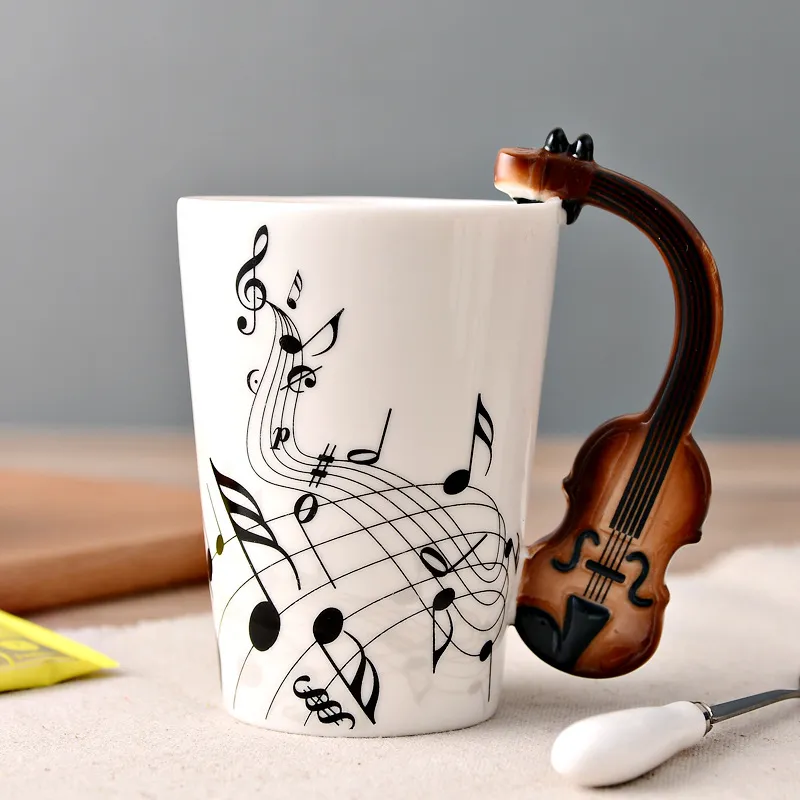 Creative Violin Design Musical Note Pattern Ceramic Coffee Mug Home Kitchen