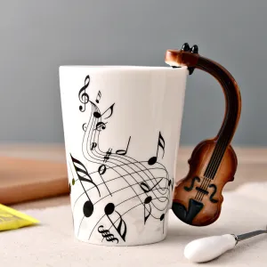 Creative Violin Design Musical Note Pattern Ceramic Coffee Mug Home Kitchen