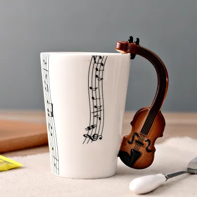 Creative Violin Design Musical Note Pattern Ceramic Coffee Mug Home Kitchen