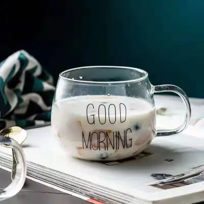 Creative Good Morning Pattern Pot Belly Breakfast Glass Cup with Handle for Home Kitchen Office