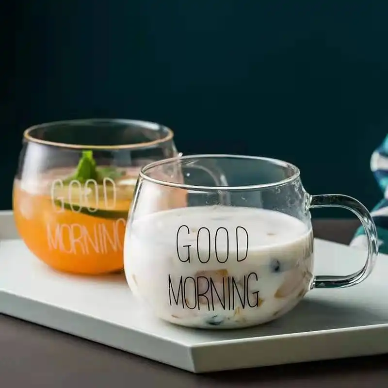 Creative Good Morning Pattern Pot Belly Breakfast Glass Cup with Handle for Home Kitchen Office
