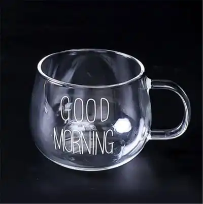 Creative Good Morning Pattern Pot Belly Breakfast Glass Cup with Handle for Home Kitchen Office