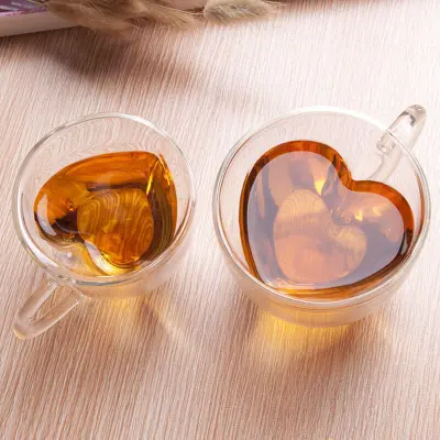 Creative Heart Shape Double-deck Glass Cup with Handle for Drinks