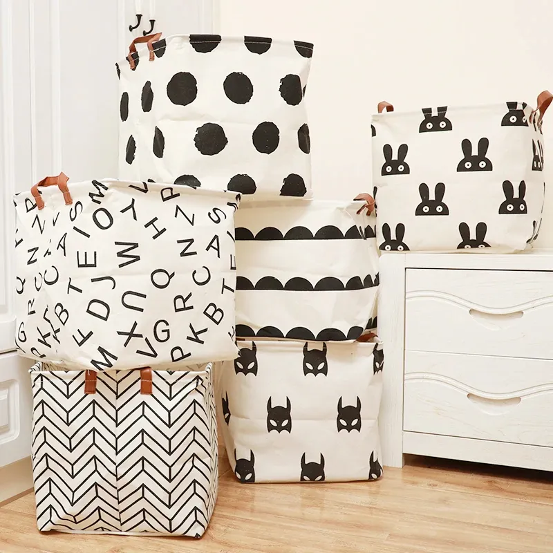 Portable Handle Cotton Linen Foldable Sundries Storage Basket with Handle