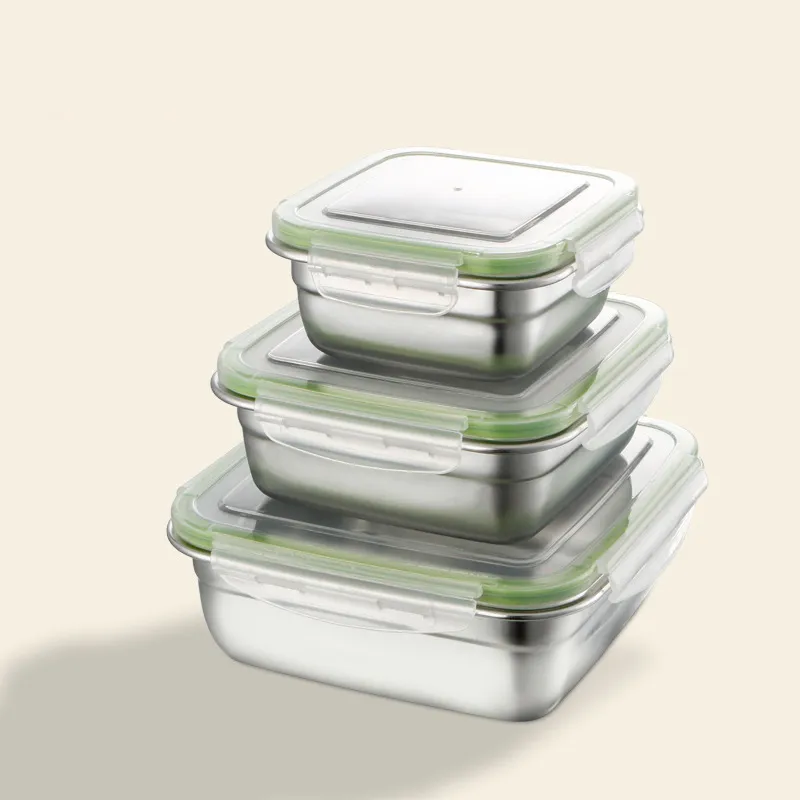 Fresh-Keeping Square Bento Box Stainless Steel Chinese Style Solid Color Microwave Safe 3 Capacities
