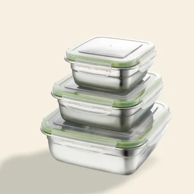 Fresh-Keeping Square Bento Box Stainless Steel Chinese Style Solid Color Microwave Safe 3 Capacities
