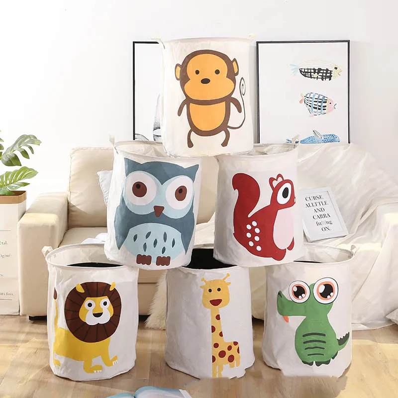 Cartoon Foldable Laundry Storage Bucket Cotton Linen PE Coating Indoor Outdoor