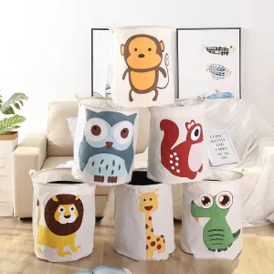 Cartoon Foldable Laundry Storage Bucket Cotton Linen PE Coating Indoor Outdoor
