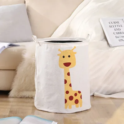 Cartoon Foldable Laundry Storage Bucket Cotton Linen PE Coating Indoor Outdoor