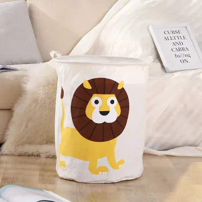 Cartoon Foldable Laundry Storage Bucket Cotton Linen PE Coating Indoor Outdoor