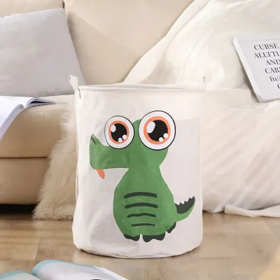 Cartoon Foldable Laundry Storage Bucket Cotton Linen PE Coating Indoor Outdoor