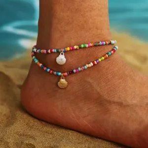 Bohemian Style Color Beads Alloy Scallops Pendant Anklet