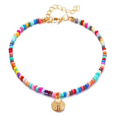 Bohemian Style Color Beads Alloy Scallops Pendant Anklet