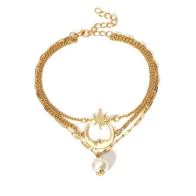 Retro Moon Star Pearl Decor Anklet Anklet