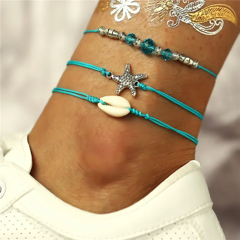 Boho Shell Starfish Decor Adjustable Anklet Set for Women