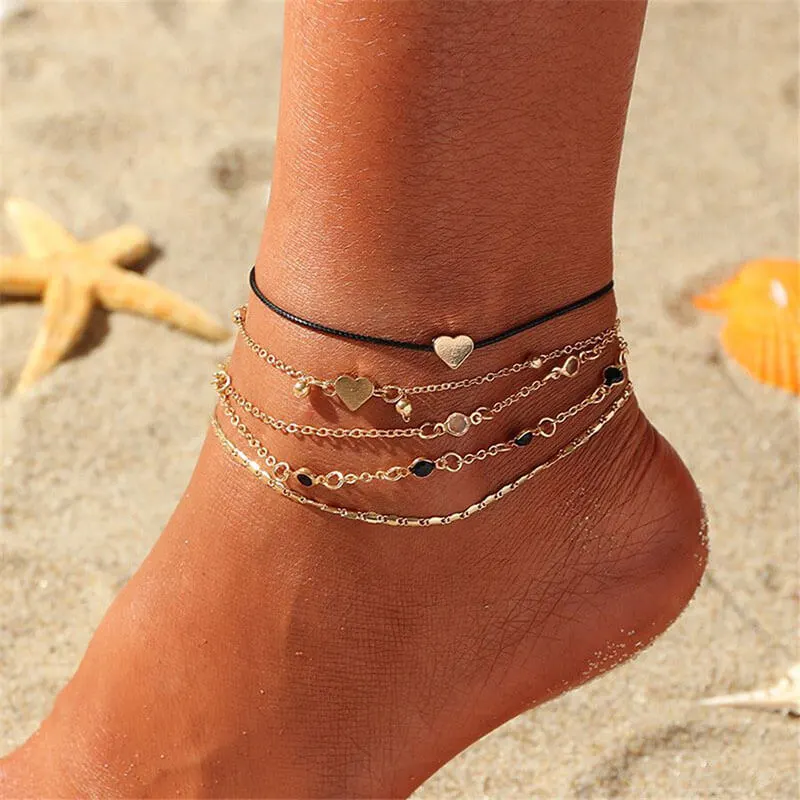 5pcs Minimalist Heart Shaped Alloy Drill Piece Decorative Anklets Set Unisex