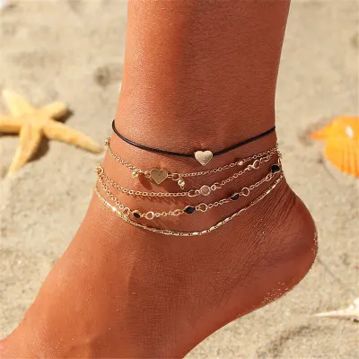 5pcs Minimalist Heart Shaped Alloy Drill Piece Decorative Anklets Set Unisex