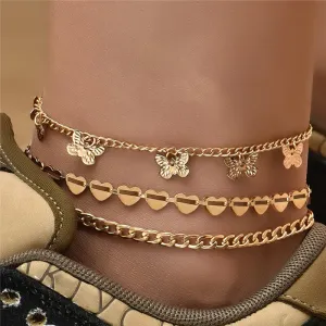 3pcs/set Butterfly And Heart Pattern Design Multilayer Anklet
