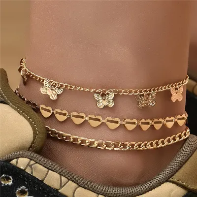 3pcs/set Butterfly And Heart Pattern Design Multilayer Anklet