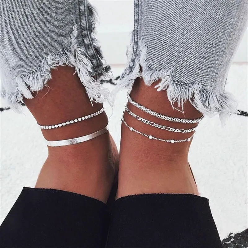 5pcs/set Minimalist Geometric Hollow Design Beaded Anklet for Women