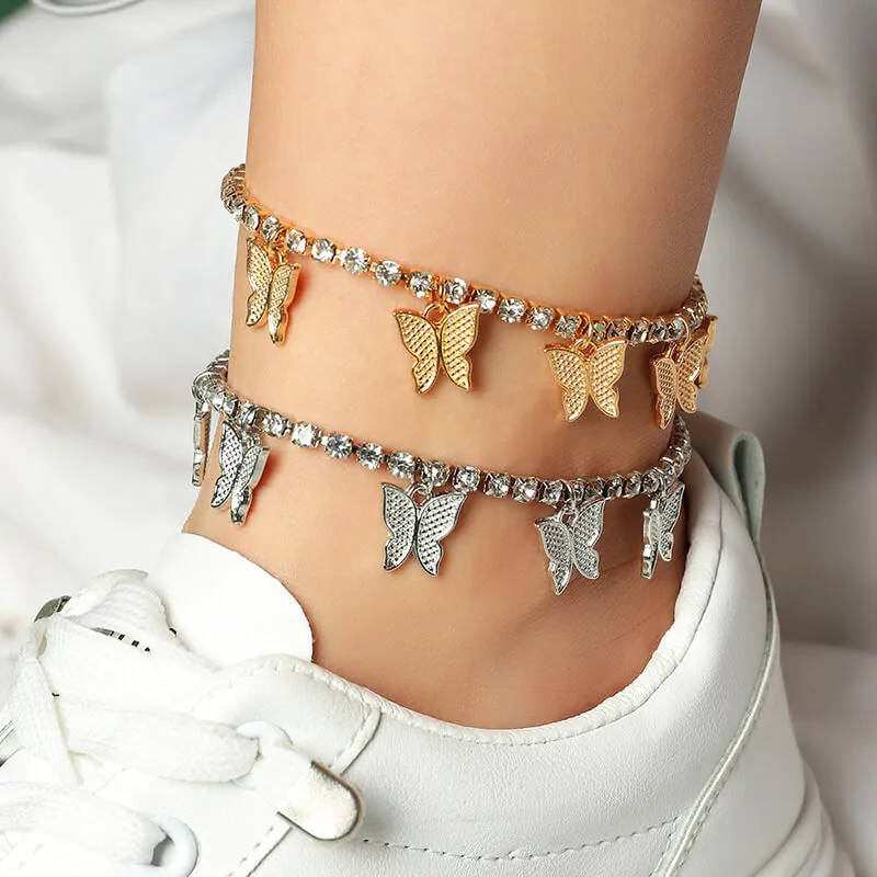 Women Fashion Butterfly Pendant Rhinestone Decorative Anklet