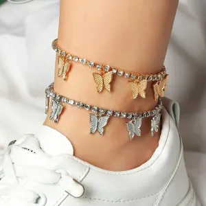 Women Fashion Butterfly Pendant Rhinestone Decorative Anklet