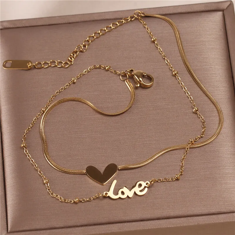 Fashion Heart Love Letter Decoration Double Layer Anklet for Women Titanium Steel