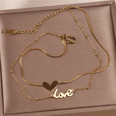 Fashion Heart Love Letter Decoration Double Layer Anklet for Women Titanium Steel