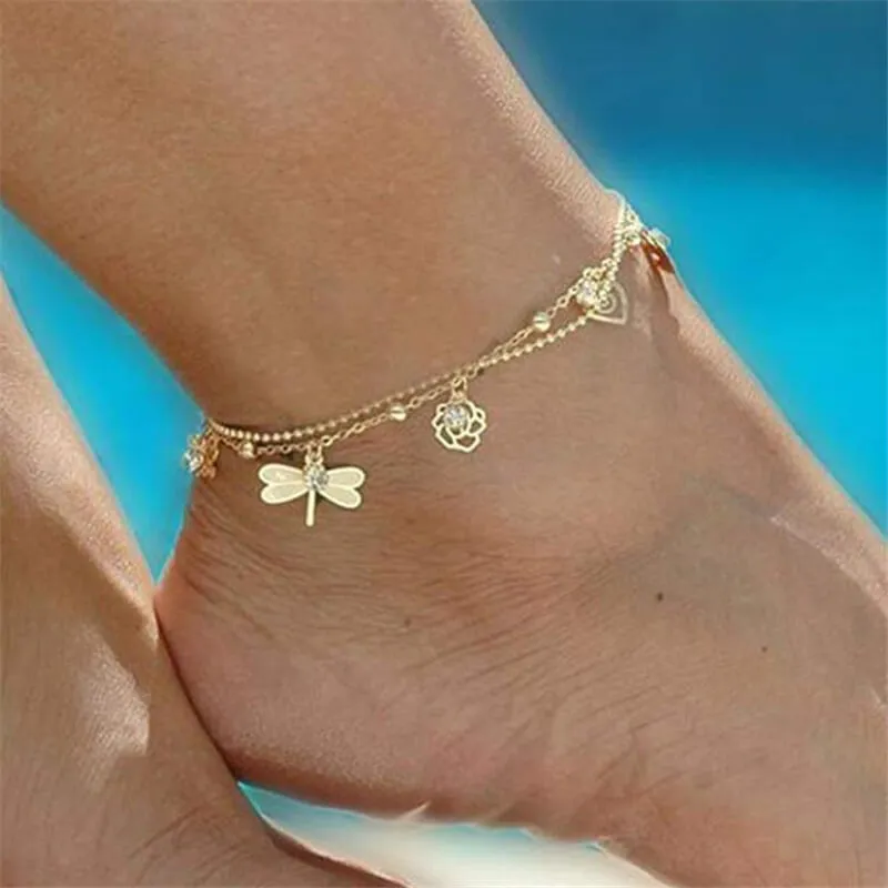 Fashion Rose Flower Dragonfly Pendant Decoration Alloy Women's Anklet
