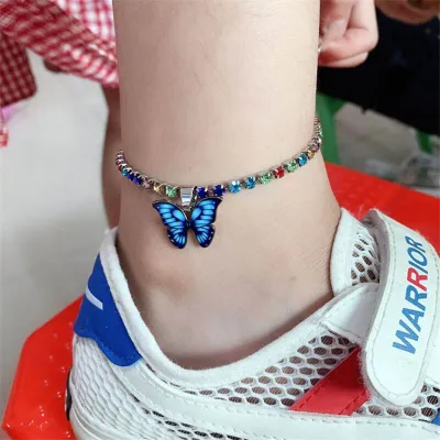 Fashion Butterfly Pendant Decorated Full Rhinestone Women's Copper Anklets