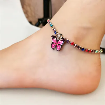 Fashion Butterfly Pendant Decorated Full Rhinestone Women's Copper Anklets